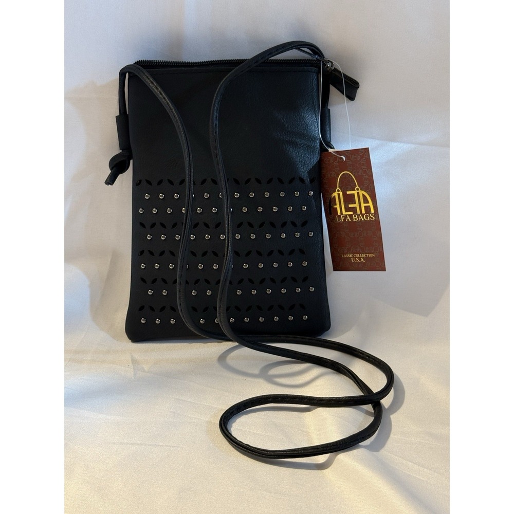 Alfa Bags Vegan Leather Small Crossbody Phone Purse Black Studded NWT